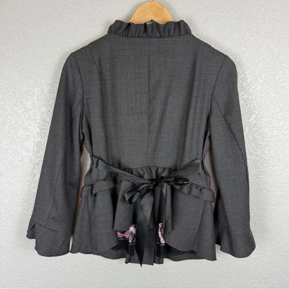 Odd Molly (Anthropologie) Ruffled Blazer M Whimsical Coquette Feminine Lace Gray